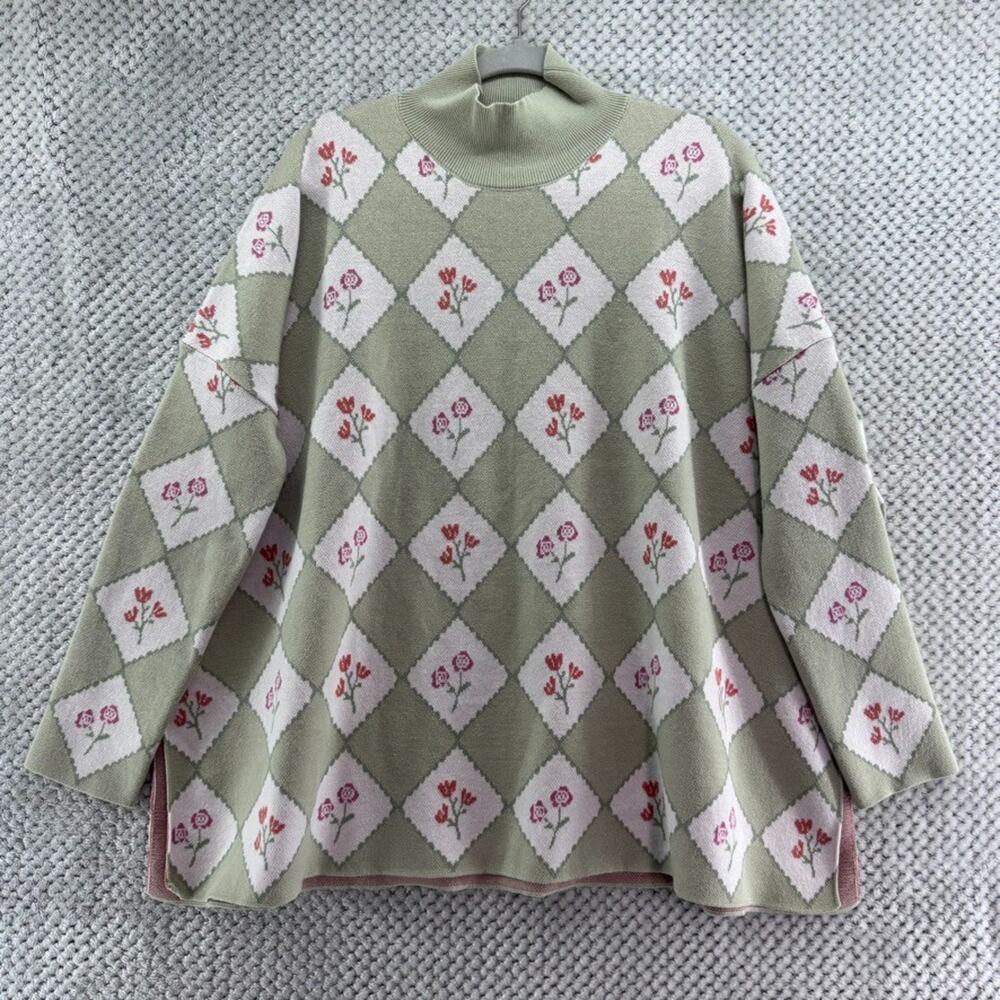 Shop The Mint Sweater Womens XL Green Checked Floral Boxy Oversized Cottage